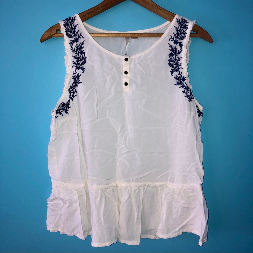 Embroidered Blue Flowers Peplum Tank Button White